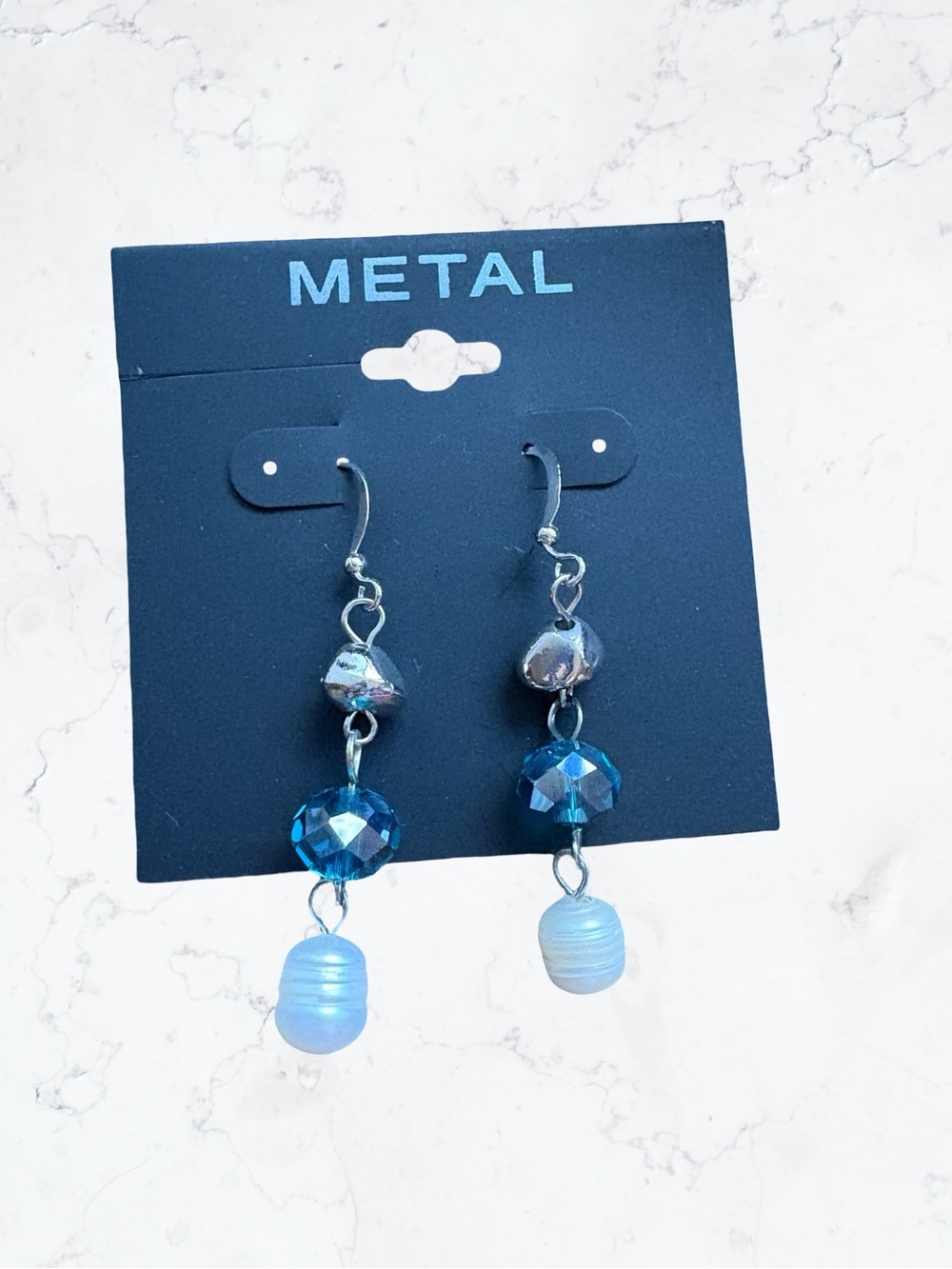 Metal Dainty Blue Bead Drop Earrings with Iridescent Accents